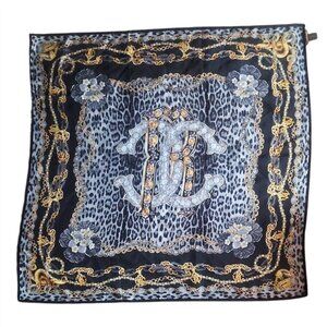ROBERTO CAVALLI  | Black Gray Jewel RC Logo 100% Silk 35" Square Foulard Scarf